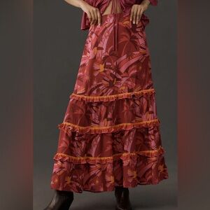 Farm Rio NWT Shirred Tiered Maxi Skirt Pink Combo Sz XL Anthropologie